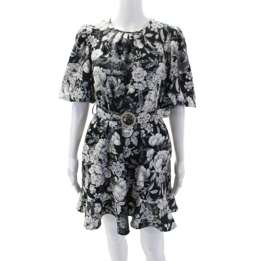 LDT Womens Short Sleeve Scoop Neck Floral Printed Button Short Dress Gray Size 0
